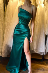 Amazing Column Satin Sleeveless Prom Evening Dresses With Ruffles Split