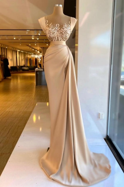 Amazing Column Satin Sleeveless Prom Evening Dresses with Lace and Pearls