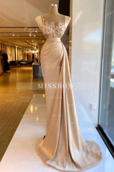 Amazing Column Satin Sleeveless Prom Evening Dresses with Lace and Pearls