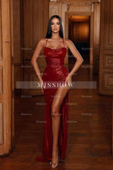 Amazing Column Satin Spaghetti Straps Sleeveless Red Prom Evening Dresses With Split Front