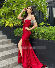 Amazing Column Satin Sweetheart Sleeveless Red Prom Dress With Rhinestone Split Front