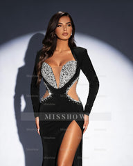 Amazing Column Satin V-Neck Long Sleeve Black Prom Dress With Rhinestone Split Front