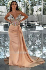 Amazing Column Satin V-Neck Sleeveless Prom Evening Dresses With Beading