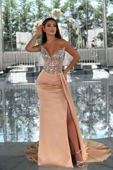 Amazing Column Satin V-Neck Sleeveless Prom Evening Dresses With Beading