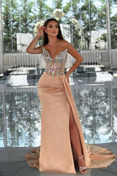 Amazing Column Satin V-Neck Sleeveless Prom Evening Dresses With Beading