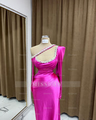 Amazing Column Scoop Long Sleeve Rhinestone Satin Prom Dresses