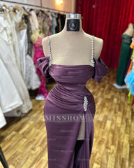 Amazing Column Spaghetti Straps Sleeveless Rhinestone Satin Split Front Prom Dress