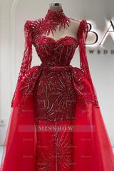 Amazing Column Tulle Lace Sweetheart Long Sleeve Red Prom Evening Dresses With Train