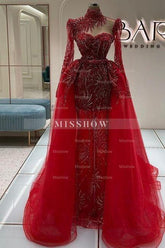 Amazing Column Tulle Lace Sweetheart Long Sleeve Red Prom Evening Dresses With Train