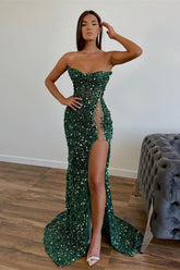 Amazing Dark Green Strapless Sleeveless Mermaid Formal Dress With Sequins