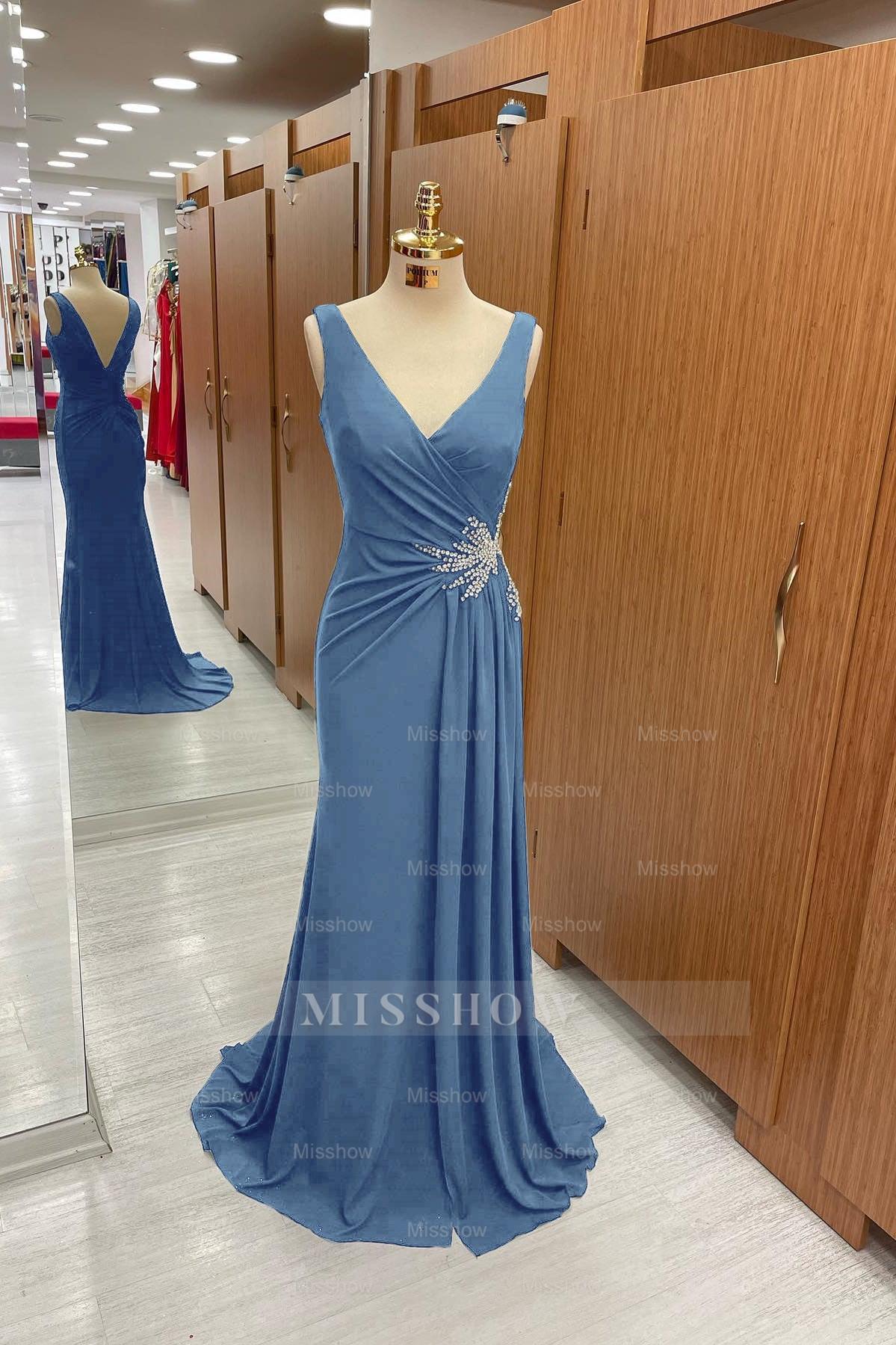 Amazing Dark Navy Straps V Neck Pleated Formal Dress With Rhinestone