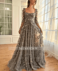 Amazing Long A-line Square Neck 3D Flowers Beaded Prom Dress With Long Sleeves