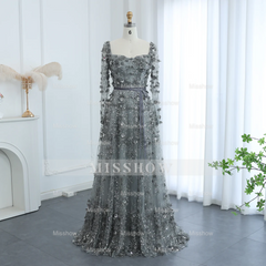 Amazing Long A-line Square Neck 3D Flowers Beaded Prom Dress With Long Sleeves