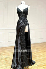Amazing Long Black V-neck Spaghetti Straps Lace Sleeveless Prom Dress With Slit