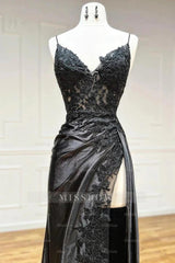 Amazing Long Black V-neck Spaghetti Straps Lace Sleeveless Prom Dress With Slit