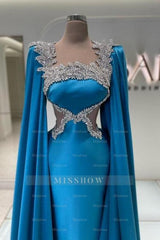 Amazing Long Blue Satin Rhinestones Prom Evening Dresses Designer Evening Dress