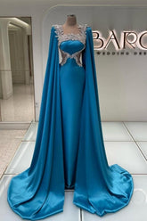 Amazing Long Blue Satin Rhinestones Prom Evening Dresses Designer Evening Dress