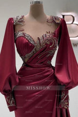 Amazing Long Burgundy Mermaid Beading Lace Prom Evening Dresses with Long Sleeves