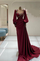 Amazing Long Burgundy Mermaid Beading Lace Prom Evening Dresses with Long Sleeves
