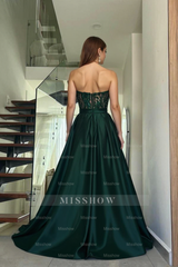 Amazing Long Dark Green A-line Strapless Lace Prom Evening Dresses With Slit