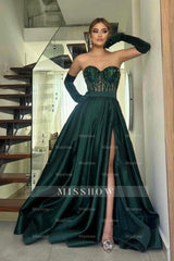 Amazing Long Dark Green A-line Strapless Lace Prom Evening Dresses With Slit