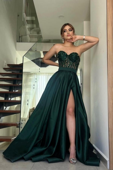 Amazing Long Dark Green A-line Strapless Lace Prom Evening Dresses With Slit