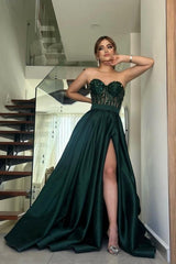 Amazing Long Dark Green A-line Strapless Lace Prom Evening Dresses With Slit