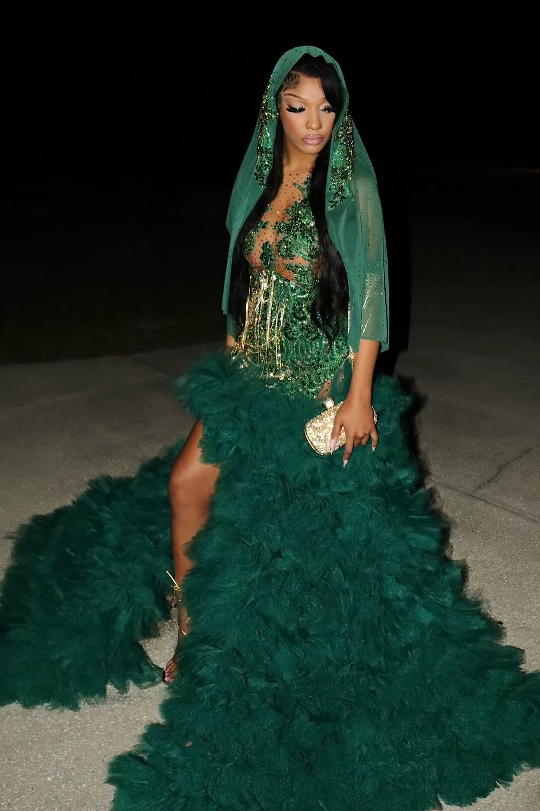emerald green beaded dress Dark Green Beaded Applique Cross-Back Mermaid Prom Dress