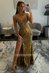 Amazing Long Grape V-neck Strapless Sequined Beaded Prom Dress with Slit