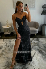 Amazing Long Grape V-neck Strapless Sequined Beaded Prom Dress with Slit