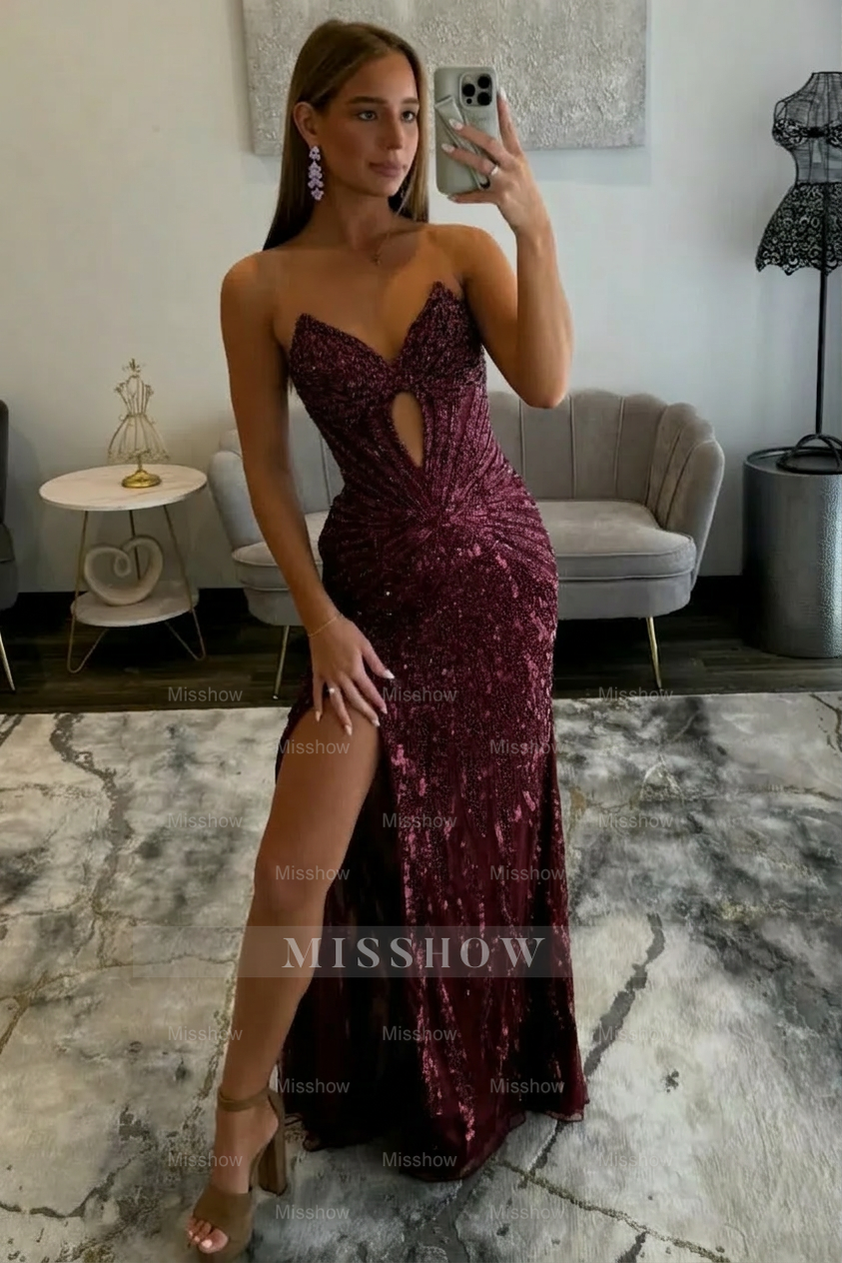 Amazing Long Grape V-neck Strapless Sequined Beaded Prom Dress with Slit