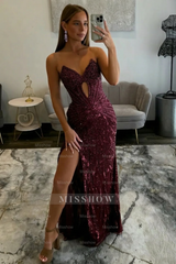 Amazing Long Grape V-neck Strapless Sequined Beaded Prom Dress with Slit