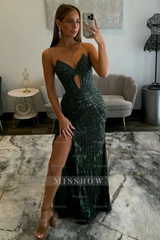 Amazing Long Grape V-neck Strapless Sequined Beaded Prom Dress with Slit