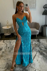 Amazing Long Grape V-neck Strapless Sequined Beaded Prom Dress with Slit
