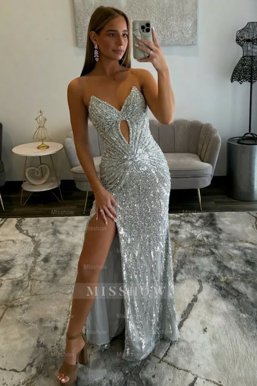 Amazing Long Grape V-neck Strapless Sequined Beaded Prom Dress with Slit