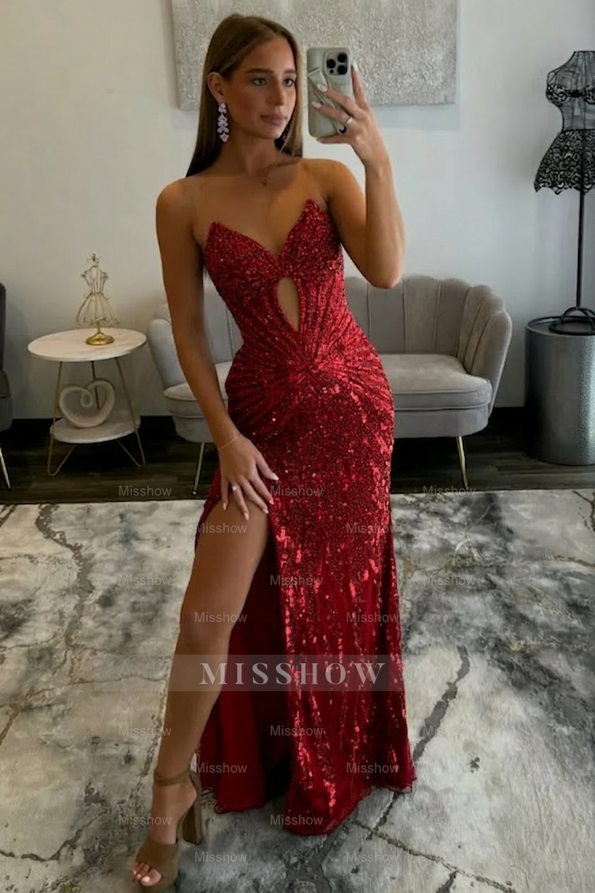 Amazing Long Grape V-neck Strapless Sequined Beaded Prom Dress with Slit