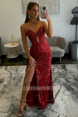 Amazing Long Grape V-neck Strapless Sequined Beaded Prom Dress with Slit