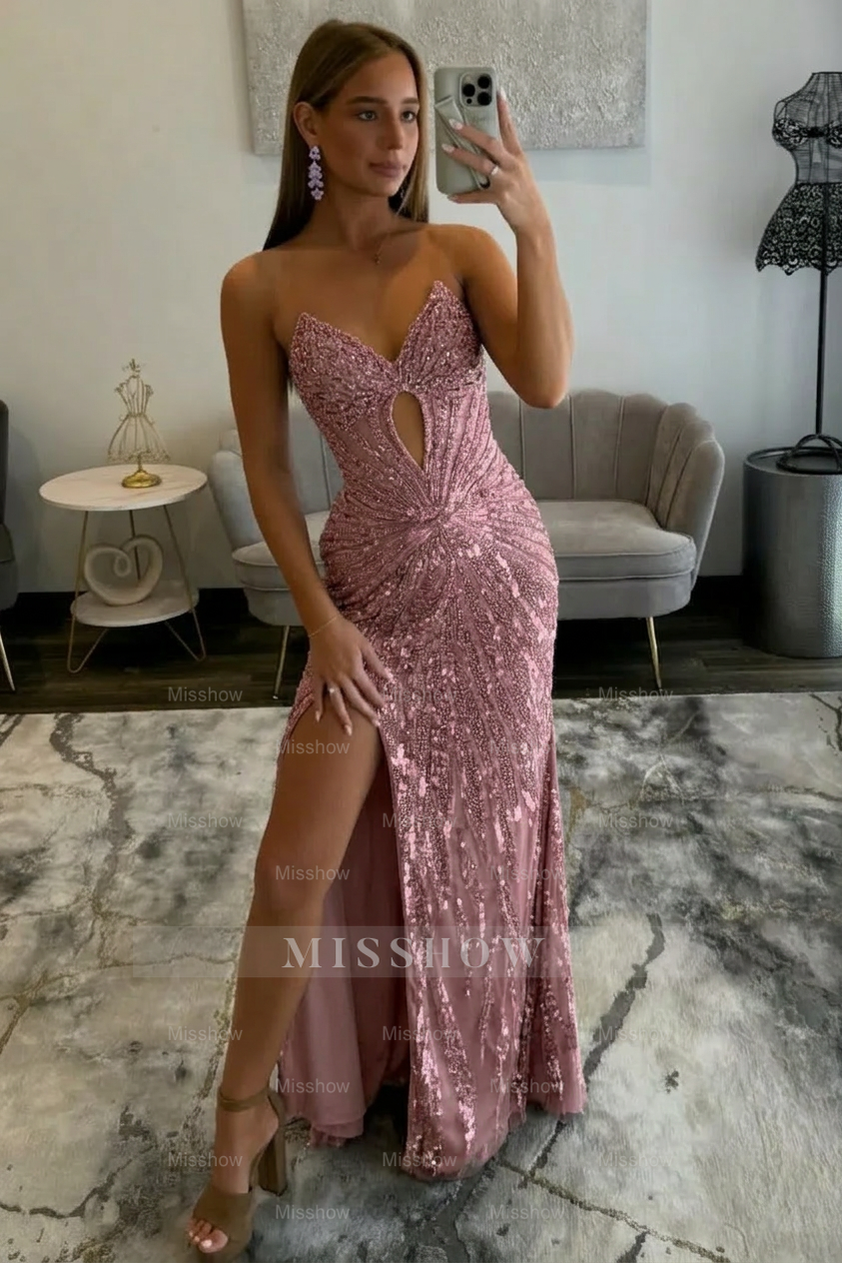 Amazing Long Grape V-neck Strapless Sequined Beaded Prom Dress with Slit