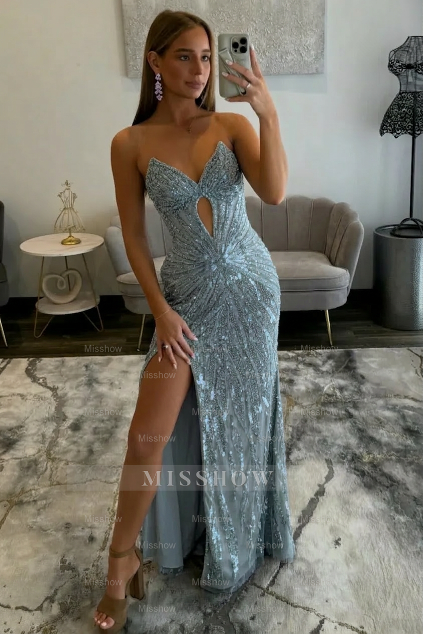 Amazing Long Grape V-neck Strapless Sequined Beaded Prom Dress with Slit