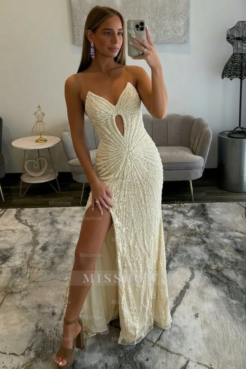 Amazing Long Grape V-neck Strapless Sequined Beaded Prom Dress with Slit