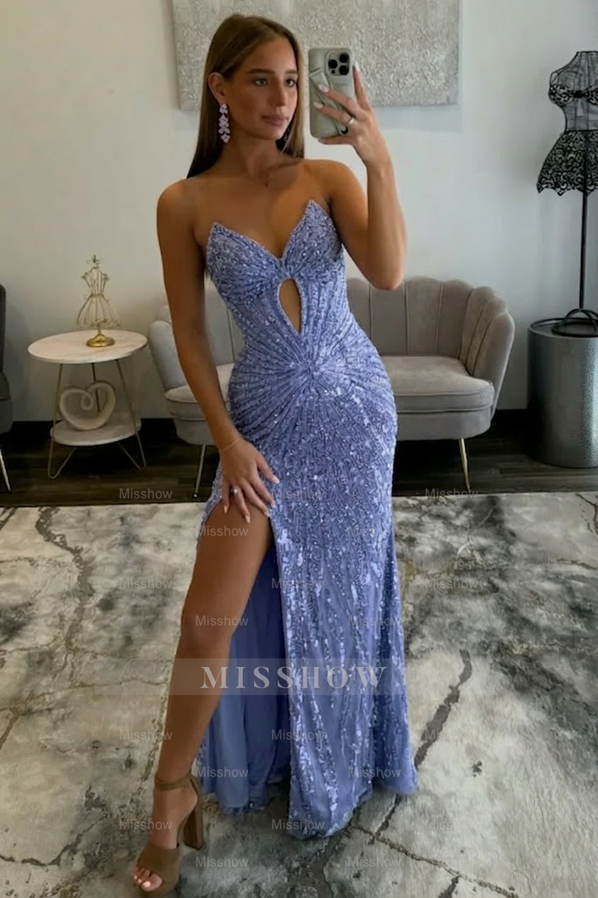 Amazing Long Grape V-neck Strapless Sequined Beaded Prom Dress with Slit