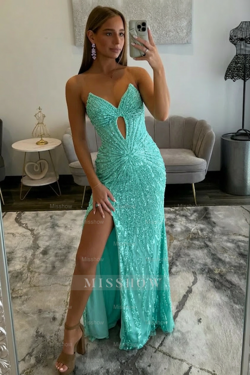 Amazing Long Grape V-neck Strapless Sequined Beaded Prom Dress with Slit