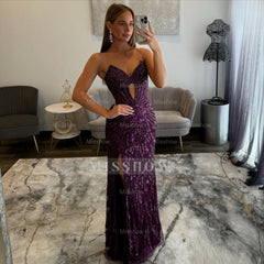 Amazing Long Grape V-neck Strapless Sequined Beaded Prom Dress with Slit