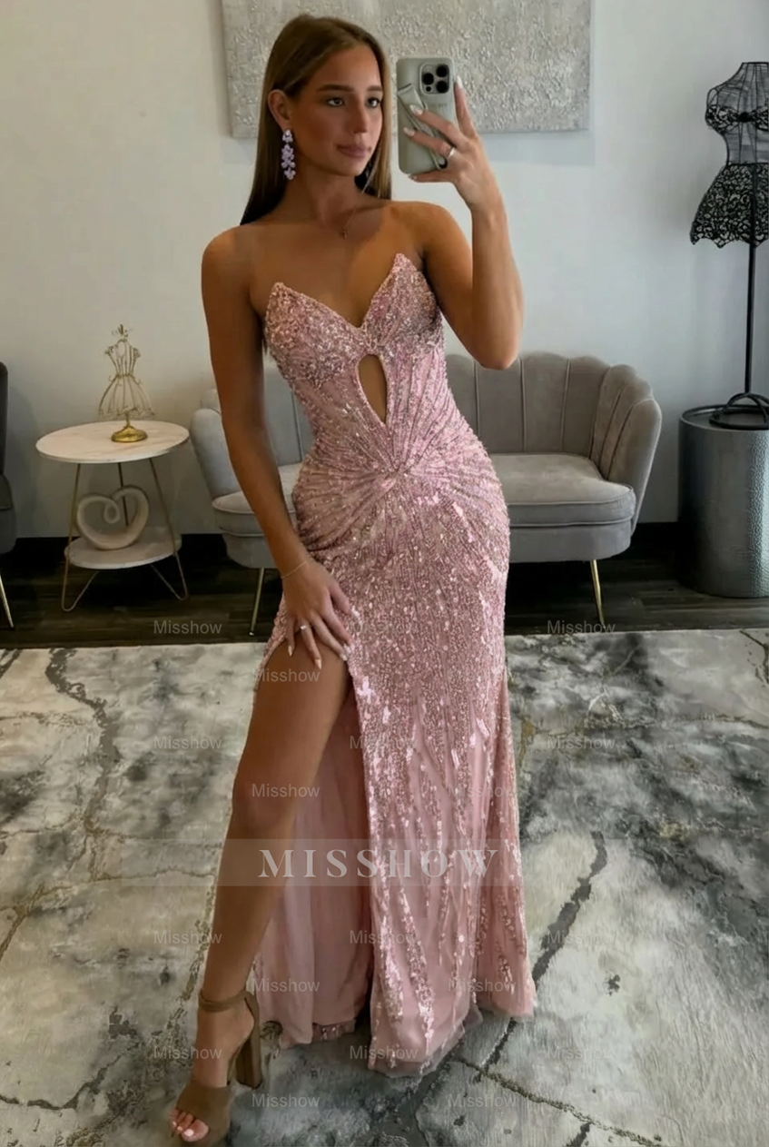 Amazing Long Grape V-neck Strapless Sequined Beaded Prom Dress with Slit