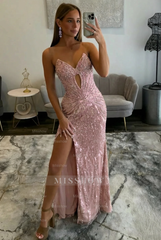 Amazing Long Grape V-neck Strapless Sequined Beaded Prom Dress with Slit