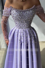 Amazing Long Lilac A-line Off-the-shoulder Rhinestones Satin Pearls Prom Evening Dresses