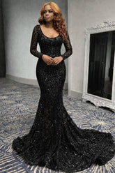 Amazing Long Mermaid Black Lace Prom Dress with Long Sleeves