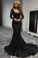 Amazing Long Mermaid Black Lace Prom Dress with Long Sleeves