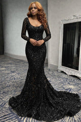 Black scoop beaded mermaid prom dress