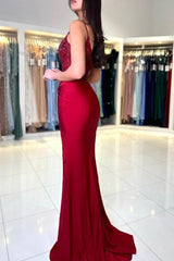 Amazing Long Mermaid Burgundy Spaghetti Straps Lace Prom Evening Dresses With Slit
